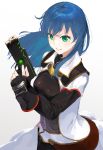  1girl blue_hair blush breasts closed_mouth fingerless_gloves gloves green_eyes gun highres igara1108 long_hair looking_at_viewer maria_traydor simple_background skirt solo star_ocean star_ocean_anamnesis star_ocean_till_the_end_of_time weapon white_background 