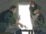  1boy 2girls blonde_hair blue_eyes brown_hair card card_game commentary_request military military_uniform multiple_girls original partial_commentary playing_card playing_games ponytail short_hair sitting tent towarai uniform 