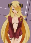  1girl blonde_hair breasts chorimokki closed_mouth hair_ornament hair_over_one_eye large_breasts long_hair looking_at_viewer navel pokemon pokemon_(game) pokemon_dppt shirona_(pokemon) smile solo very_long_hair 