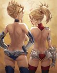  2girls ahoge artoria_pendragon_(all) artoria_pendragon_(lancer) ass back bangs blonde_hair blush braid braided_bun breasts closed_mouth commentary_request crown dimples_of_venus elbow_gloves fate/apocrypha fate/grand_order fate_(series) faulds french_braid gauntlets gloves green_eyes hair_ornament hair_scrunchie hands_on_hips head_bump highres large_breasts long_hair looking_at_another mordred_(fate) mordred_(fate)_(all) multiple_girls panties ponytail pout red_scrunchie scrunchie shoulder_blades sidelocks small_breasts thighhighs thighs tonee topless underwear 