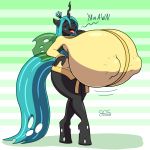  1:1 2017 anthro anthrofied arthropod big_breasts breasts changeling clothed clothing english_text female friendship_is_magic gyneceon huge_breasts hyper hyper_breasts my_little_pony nipple_outline open_mouth open_smile queen_chrysalis_(mlp) signature smile solo text tongue tongue_out 