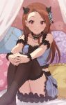 1girl absurdres bed black_legwear blue_skirt blush brown_hair canopy_bed choker closed_mouth commentary crop_top emu_(emum) fake_horns forehead hands_on_own_knees highres idolmaster idolmaster_million_live! idolmaster_million_live!_theater_days long_hair minase_iori pillow pink_eyes sitting skirt smile solo thighhighs thighs zettai_ryouiki 