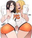  2girls ass beer_mug blue_eyes blush brand_name_imitation breast_press breasts brown_eyes brown_hair butcha-u cum cum_in_cup cup dark_skin dated delightfully_fuckable_and_unrefined!! employee_uniform flat_color grin highres hooters large_breasts long_hair mari_(delightfully_fuckable_and_unrefined!!) mole mole_under_mouth mug multiple_girls no_bra one_eye_closed orange_shorts short_shorts shorts signature smile strap_gap symmetrical_docking tank_top uniform yuki_(delightfully_fuckable_and_unrefined!!) 