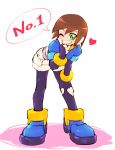  1girl aile bodystocking bodysuit brown_hair closed_mouth gloves green_eyes jewelry kon_(kin219) looking_at_viewer open_mouth parody robot_ears rockman rockman_(classic) rockman_zx short_hair shorts simple_background skin_tight smile solo spandex 