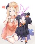  2girls abigail_williams_(fate/grand_order) arms_up bangs black_bow black_dress black_headwear black_legwear blonde_hair blue_eyes blush bow breasts bug butterfly closed_mouth dress fate/grand_order fate_(series) forehead hair_bow hat heart highres insect kneeling large_breasts long_hair long_sleeves looking_at_viewer mother_and_daughter multiple_bows multiple_girls older open_mouth orange_bow orange_dress parted_bangs polka_dot polka_dot_bow saku_(kudrove) short_sleeves simple_background sleeves_past_fingers sleeves_past_wrists smile thighs white_background white_bloomers 