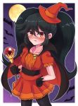  ashley_(warioware) bat black_gloves black_hair black_legwear blush cape dress gloves halloween hat highres long_hair looking_at_viewer moon red_dress red_eyes red_headwear skull_necklace twintails wakaba_(wata_ridley) wand warioware witch_costume witch_hat 