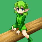  1girl belt breasts closed_mouth green_eyes green_footwear green_hair green_hairband hairband kokiri looking_at_viewer pointy_ears ribbed_sweater saria short_hair smile solo sweater takamame the_legend_of_zelda turtleneck 