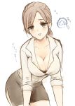  1girl blue_eyes blush breasts brown_hair cleavage jill_valentine lips long_hair looking_at_viewer resident_evil resident_evil_5 simple_background skirt solo teeth white_background 