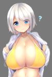  1girl ? bikini blue_eyes blush bob_cut breasts cleavage eyebrows_visible_through_hair grey_background huge_breasts long_sleeves looking_at_viewer open_clothes open_shirt original short_hair silver_hair simple_background solo swimsuit tagme upper_body watari1118 yellow_bikini 