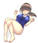  1girl bangs bare_shoulders barefoot blue_swimsuit blush breasts brown_hair cleavage highres huge_breasts looking_at_viewer lying on_back one-piece_swimsuit ponytail solo swimsuit tagme watari1118 