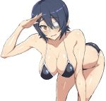  1girl bikini black_bikini breasts cleavage eyepatch highres kantai_collection large_breasts looking_at_viewer mordeth purple_hair short_hair simple_background sketch solo swimsuit tenryuu_(kantai_collection) wet yellow_eyes 