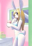  1girl animal_ears blue_bra blue_eyes blue_panties bra bunny bunny_ears bunny_girl bunny_tail cowboy_shot drawer english_commentary finger_licking food furry holding holding_food ice_cream_cone konbudou lace lace-trimmed_bra lace-trimmed_panties licking looking_at_viewer navel original panties solo tail tongue tongue_out underwear white_fur window 