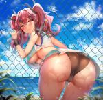  1girl ass azur_lane bent_over black_panties blue_sky blush breasts bremerton_(azur_lane) cameltoe chain-link_fence closed_mouth cropped_shirt day earrings embarrassed fence from_behind hair_ornament hairclip headgear highres jewelry leaf looking_at_viewer looking_back medium_hair miniskirt multicolored_hair no_bra ocean outdoors panties pleated_skirt queencho red_eyes red_hair see-through shirt skirt skirt_lift sky solo streaked_hair sweat sweatdrop twintails underboob underwear wet wet_clothes white_shirt 
