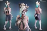  3:2 3d_(artwork) anthro bottomwear bovid business_suit canid canine caprine choker clothed clothing digital_media_(artwork) ear_piercing ear_ring eyewear fur glasses goat gynomorph hair hi_res hooves horn humanoid hybrid intersex jewelry looking_at_viewer mammal neckerchief necklace patty_(terryeternity) piercing ponytail pose purple_body purple_fur shirt skirt solo suit text topwear yipkin 