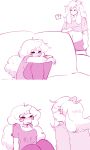  asriel_dreemurr blush bodily_fluids channydraws clothing curled_hair female furniture hair hi_res horn humanoid_genitalia lactating lactating_through_clothing long_hair male milk shirt simple_background sofa topwear undertale underwear video_games wet wet_clothing 