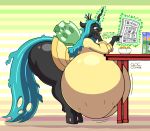  2017 anthro anthrofied arthropod big_breasts breasts cereal changeling clothed clothing eating female food friendship_is_magic gyneceon huge_breasts hyper hyper_breasts my_little_pony newspaper nipple_outline queen_chrysalis_(mlp) signature solo 