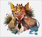  anthro beauty_mark black_sclera clothed clothing desubox female fur hair headdress hi_res leaf looking_at_viewer orange_eyes plant simple_background solo spots teeth white_background 