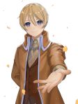  1boy aku_no_meshitsukai_(vocaloid) allen_avadonia arm_behind_back backlighting blonde_hair bloom blue_eyes cravat evillious_nendaiki highres jacket kagamine_len looking_at_viewer mayo_(mayone-u) outstretched_hand petals pov short_hair smile upper_body vocaloid yellow_jacket 