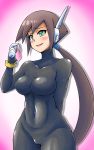  1girl aile blush bodystocking bodysuit breasts brown_hair cameltoe gloves green_eyes groin highres noburockman open_mouth protected_link robot_ears rockman rockman_zx rockman_zx_advent short_hair simple_background skin_tight smile solo spandex unitard 