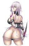  1girl age_progression bandaged_arm bandages bare_shoulders black_gloves black_panties breasts cropped_legs dagger fate/apocrypha fate_(series) gloves highres jack_the_ripper_(fate/apocrypha) large_breasts long_hair looking_at_viewer looking_back older panties scar scar_across_eye shiroshisu shoulders solo underwear weapon white_hair yellow_eyes 