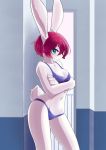  1girl animal_ears blue_eyes blush breasts bunny bunny_ears bunny_girl bunny_tail cowboy_shot crossed_arms english_commentary furry konbudou large_breasts looking_at_viewer looking_to_the_side original pink_hair short_hair snout solo tail underwear white_fur 