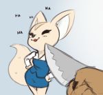  2018 aggressive_retsuko anthro brachyzoid canid canine clothed clothing disembodied_hand duo female fennec fenneko fox fully_clothed fur hands_on_hips holding_object holding_weapon knife laugh mammal meme sanrio simple_background tan_body tan_fur weapon 