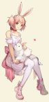  1girl animal animal_ears animal_on_lap ankle_ribbon arm_support bare_arms bare_shoulders beige_background breasts bunny bunny_ears choker closed_mouth collarbone commentary cross-laced_footwear detached_sleeves dot_nose dress fake_animal_ears full_body hair_between_eyes hair_ribbon happy head_tilt highres kaname_madoka knees_together_feet_apart looking_at_viewer mahou_shoujo_madoka_magica pink_eyes pink_footwear pink_hair pink_ribbon puffy_short_sleeves puffy_sleeves red_choker red_neckwear ribbon short_dress short_sleeves short_twintails signature simple_background sitting sleeveless sleeveless_dress small_breasts smile solo symbol_commentary thighhighs twintails velahka white_dress white_legwear white_ribbon zettai_ryouiki 