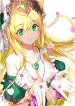 1girl adachi_yousuke blonde_hair breasts cleavage copyright_name freyja_(p&amp;d) frills green_eyes headdress jewelry long_hair necklace open_hand outstretched_hand palms petals pointy_ears puzzle_&amp;_dragons twitter_username very_long_hair 