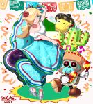  1girl absurdres blonde_hair blue_dress blue_eyes breasts brown_footwear cactus chiko_(mario) cleavage confetti crown dancing dress earrings flower hat high_heels highres instrument jewelry looking_to_the_side maracas mario_(series) mexican_dress mexican_flag musical_note poncho rosalina rose sarukaiwolf silver_footwear skull smile sombrero super_mario_galaxy super_mario_odyssey tostarenan 