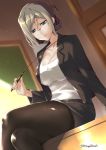  1girl arm_support black_jacket breasts classroom cleavage collarbone crossed_legs desk folded_ponytail glasses green_eyes grey_hair grey_skirt jacket kantai_collection katori_(kantai_collection) large_breasts long_sleeves looking_at_viewer mikage_takashi on_desk open_clothes open_jacket pantyhose riding_crop shirt short_hair sidelocks sitting sitting_on_desk skirt solo twitter_username white_shirt 
