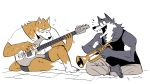  5_fingers absurd_res anthro ash_(st4rsbucks) bodily_fluids brass_instrument brown_body brown_fur canid canine canis clothed clothing couple_(disambiguation) crossed_legs dirt_(st4rsbucks) duo electric_guitar fingers fur grey_body grey_fur guitar happy hi_res male male/male mammal multicolored_body multicolored_fur musical_instrument open_mouth playing_music plucked_string_instrument simple_background sitting st4rsbucks string_instrument sweat teeth trumpet two_tone_body two_tone_fur wind_instrument wolf 