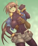  1boy 1girl aile bodystocking bodysuit breast_grab breasts brown_hair gloves grabbing graphite_(medium) green_eyes large_breasts long_hair looking_at_viewer robot_ears rockman rockman_zx shorts spandex traditional_media 