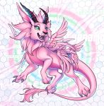 claws digimon digimon_(species) dragon english_text fangs feathered_wings feathers female feral fur furred_dragon green_eyes hi_res horn kiwibon magnadramon multi_wing open_mouth pink_body pink_claws pink_feathers pink_fur teeth text wings 