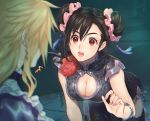  animal_print black_hair blonde_hair breasts brown_eyes china_dress chinese_clothes cleavage cleavage_cutout cloud_strife corsage crossdressing double_bun dress final_fantasy final_fantasy_vii final_fantasy_vii_remake flower large_breasts leopard_print looking_at_another ohse open_mouth solo_focus tifa_lockhart wide-eyed 