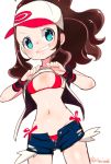  1girl baseball_cap bikini blue_eyes breasts brown_hair chorimokki denim denim_shorts hat long_hair looking_at_viewer pokemon pokemon_(game) pokemon_bw ponytail shorts side-tie_bikini simple_background smile solo swimsuit touko_(pokemon) white_background wristband 