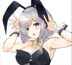  1girl animal_ears bangs black_leotard blue_eyes blush breasts bunny_ears bunnysuit cleavage detached_collar eyebrows_visible_through_hair fake_animal_ears hair_ornament hairclip hamakaze_(kantai_collection) highres kantai_collection large_breasts leotard monoto open_mouth short_hair silver_hair simple_background solo upper_body white_background yellow_neckwear 