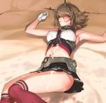  1girl a1 armpits black_skirt blush breasts brown_hair collar cum cum_on_body cum_on_clothes facial gloves headgear kantai_collection large_breasts lying messy_hair metal_collar midriff mutsu_(kantai_collection) navel on_back on_bed red_legwear skirt solo striped striped_legwear striped_skirt thighhighs thighs white_gloves 