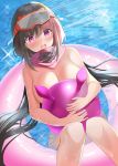  1girl ball bangs beachball blush breasts brown_hair fate/grand_order fate_(series) goggles goggles_on_head highres innertube large_breasts long_hair looking_at_viewer low_twintails open_mouth osakabe-hime_(fate/grand_order) osakabe-hime_(swimsuit_archer)_(fate) pink_scarf scarf ski_goggles solo thighs tsukise_miwa twintails very_long_hair water 