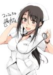  1girl :d black_hair blush breasts brown_eyes dated eyebrows_visible_through_hair hat highres kitano_(zekkyon) large_breasts long_hair name_tag nurse nurse_cap open_mouth original shirt short_sleeves sidelocks signature simple_background skirt smile solo stethoscope watch white_background white_shirt white_skirt wristwatch zekkyon 