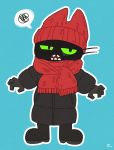  2019 ambiguous_gender annoyed anthro black_body black_coat black_fur blue_background boots cartoon_network clothing coat domestic_cat felid feline felis footwear fur green_eyes hat headgear headwear hi_res hyeing02 male_(lore) mammal mao_mao:_heroes_of_pure_heart open_mouth red_clothing red_hat red_headwear red_scarf scarf sheriff_mao_mao_mao simple_background solo standing topwear white_outline winter_clothing 