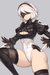  1girl ass black_blindfold black_dress black_gloves black_hairband black_legwear blindfold boots breasts cameltoe commentary_request dress feather-trimmed_sleeves gloves grey_background hairband highres juliet_sleeves large_breasts leotard long_sleeves mole mole_under_mouth nier_(series) nier_automata puffy_sleeves revision short_hair silver_hair simple_background solo thighhighs thighhighs_under_boots tsuki_suigetsu white_leotard yorha_no._2_type_b 
