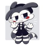  2020 anthro bayachao_(pixiv) black_and_white black_and_white_and_red black_and_white_fur border clothed clothing fully_clothed half-closed_eyes male mime monochrome narrowed_eyes overalls ringtail rosy_cheeks simple_background smile solo spot_color unknown_species white_border 