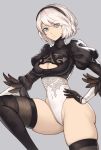  1girl ass black_dress black_gloves black_hairband black_legwear blue_eyes boots breasts cameltoe commentary_request dress eyebrows_visible_through_hair feather-trimmed_sleeves gloves grey_background hairband highres juliet_sleeves large_breasts leotard long_sleeves mole mole_under_mouth nier_(series) nier_automata parted_lips puffy_sleeves revision short_hair silver_hair simple_background solo thighhighs thighhighs_under_boots tsuki_suigetsu white_leotard yorha_no._2_type_b 