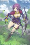  1girl arrow artist_name bernadetta_von_varley bike_shorts blue_sky boots bow_(weapon) breasts cleavage closed_mouth cloud day dress fire_emblem fire_emblem:_three_houses full_body gloves grass grey_eyes holding holding_bow_(weapon) holding_weapon long_sleeves marfrey outdoors purple_hair quiver short_dress sky smile solo thigh_strap watermark weapon web_address yellow_gloves 