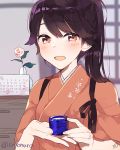  1girl :d black_hair cup eyebrows_visible_through_hair flower holding holding_cup houshou_(kantai_collection) japanese_clothes kantai_collection karomura kimono looking_at_viewer open_mouth pink_kimono ponytail smile solo tasuki twitter_username vase 