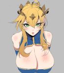  1girl ahoge artoria_pendragon_(all) artoria_pendragon_(lancer) blonde_hair blush breasts bright_pupils cleavage crown fate/grand_order fate_(series) funaya_(a2brasd) green_eyes grey_background hair_between_eyes highres huge_breasts lips looking_at_viewer parted_lips short_hair_with_long_locks simple_background solo sweat upper_body white_pupils 