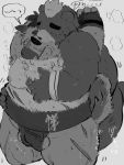  2020 anthro ashigara balls belly blush bodily_fluids bulge buta5kawa canid canine canis domestic_dog duo eyes_closed genitals hi_res hug hugging_from_behind humanoid_hands japanese_text kemono male male/male mammal monochrome moobs nipples overweight overweight_male scar simple_background sumo sweat text tokyo_afterschool_summoners ursid video_games yasuyori 
