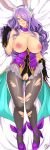  1girl absurdres animal_ears black_gloves breasts breasts_outside bunny_ears camilla_(fire_emblem) closed_mouth fake_animal_ears fire_emblem fire_emblem_fates fire_emblem_heroes full_body gloves hair_over_one_eye high_heels highres large_breasts long_hair nipples pantyhose purple_eyes purple_hair pussy revolverwing smile solo torn_clothes torn_legwear 