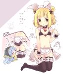  2girls alternate_costume animal_ears apron bangs bikini biyon black_bikini black_bow black_collar black_legwear blonde_hair blue_hair blunt_bangs bow bright_pupils bunny_ears bunny_tail closed_eyes collar double_bun enmaided fake_animal_ears fake_tail flat_chest hair_bow haniwa_(statue) haniyasushin_keiki heart joutouguu_mayumi kneeling long_hair maid maid_bikini maid_headdress medium_hair multiple_girls navel sidelocks sweat swimsuit tail thighhighs touhou waist_apron white_background wrist_cuffs yellow_eyes 