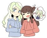  alternate_costume blonde_hair blue_eyes blue_sweater blush brown_hair cailin_(poptrt) closed diana_cavendish embarrassed eyes happy kagari_atsuko little_witch_academia long_hair red_sweater saliva simple_background sleeping smile sweater wavy_hair white_background yuri 